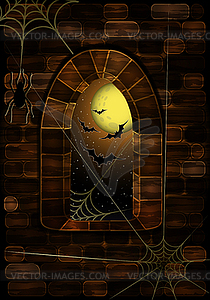 Средневековое окно в замке с паутиной Happy hallowen - стоковое векторное изображение