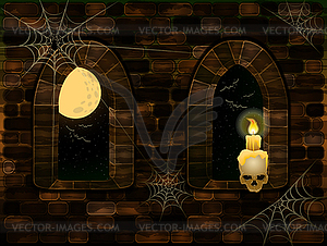 Medieval windows in magic castle with skull and candle. - vector clip art