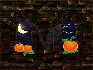 Medieval windows with pumpkin, Happy Halloween card - royalty-free vector image
