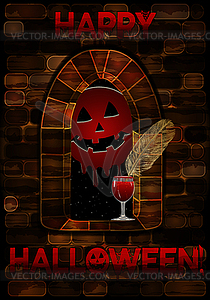 Medieval window in castle with blood pumpkin. Happy  - vector image