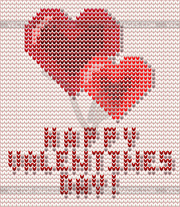 Happy Valentines Day greeting card with knitted hearts, - stock vector clipart