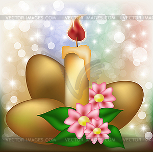 Easter background with golden eggs, flowers and candle  - vector clip art