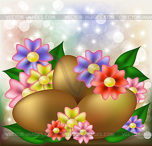 Happy Easter greeting card with golden eggs and flowers - vector clipart