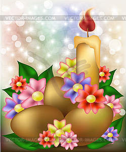 Счастливая открытка с цветами и свечой - векторизованное изображение