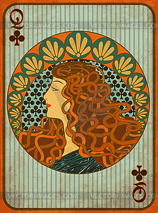 Queen poker clubs card in art nouveau style, vector ill - vector clipart