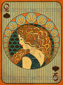 Queen poker spades card in art nouveau style, vector il - vector image