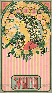 Spring girl, floral banner in art nouveau style, vector - vector image