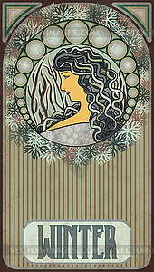 Winter girl, floral banner in art nouveau style, vector - vector image