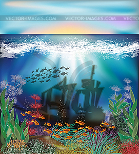 Underwater Background With Sunken Ship Vector Illustra