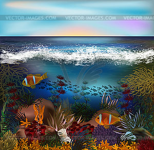 Tropical underwater wallpaper with pearls , vector  - vector clip art
