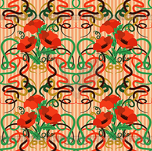 Seamless poppy wallpaper in art nouveau style, vector  - color vector clipart