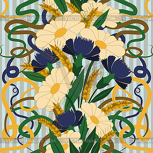 Seamless wallpaper with camomile and cornflower in art  - vector clipart