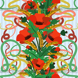 Бесшовные обои с цветами пшеницы и мака в искусстве - векторное графическое изображение