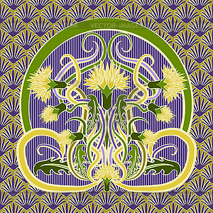 Greeting card with flowers dandelions in art nouveau st - vector image