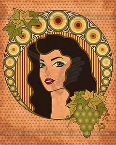 Greeting card with girl and grape in art nouveau style, - vector image