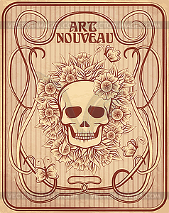 Greeting card with skull and flowers in art nouveau sty - vector image