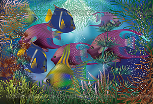 Подводный фон с тропической рыбой, векторная иллюзия - стоковый клипарт