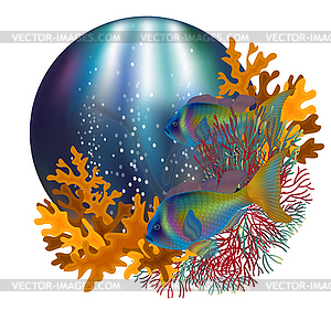 Underwater card with tropical fish, vector illustration - vector clipart