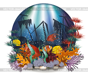 Underwater Card With A Sunken Ship Vector Illustration