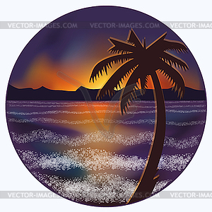 Underwater sunset card with palms and mountains, vector - royalty-free vector clipart