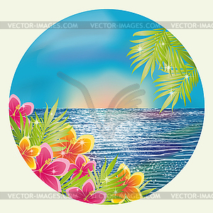 Sunrise card with hibiscus flowers and palms , vector  - vector clipart / vector image