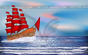 Sunrise wallpaper with sacrlet sailing vessel , vector  - vector clipart