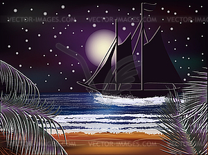 Tropical wallpaper with sailing vessel , vector illustr - vector image