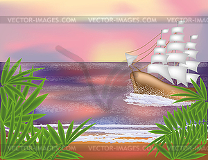 Tropical wallpaper with sailing vessel - vector image