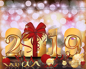 Merry Christmas Happy 2019 New Year golden banner, vect - vector clipart