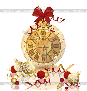 Merry Christmas & New Year background with xmas clock,  - vector image