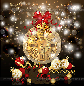 Merry Christmas & New Year gift card with xmas clock, v - vector clipart