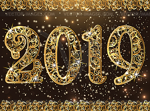 Happy golden new 2019 year card, vector illustration - vector image