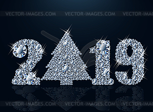 Diamond wallpaper with xmas tree, Happy New 2019 Year,  - vector image