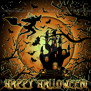 Happy Halloween card with castle and witch on a broomst - vector clipart