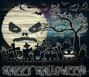 Happy Halloween banner with moon and cemetery , vector  - vector clip art
