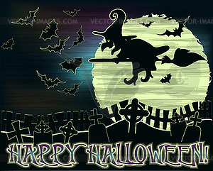 Happy Halloween background with witch and cemetery - vector clipart