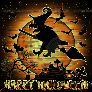 Happy Halloween wallpaper with witch on a broomstick ,  - vector clipart / vector image