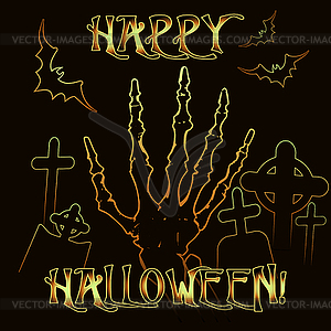 Счастливый пригласительный билет на Хэллоуин с рукой зомби, vecto - векторизованный клипарт