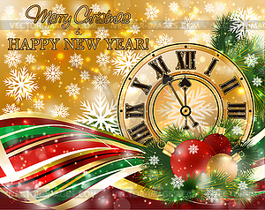 Merry Christmas & New Year banner with xmas clock, vect - vector image