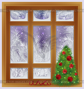 Holiday frosted window with xmas tree, vector illustrat - vector image
