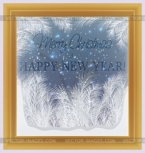 Merry Christmas and Happy New Year frosted window , vec - vector clipart