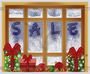 Winter sale time. Frosted window card, vector illustrat - vector clipart