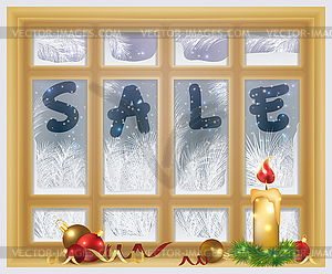 Winter sale time. Frosted window and xmas candle. vecto - vector image