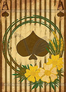 Vintage poker spades card with flowers and wheat ears,  - vector image