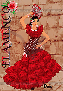 Beautiful spanish flamenco girl with a fan, vector illu - vector clipart