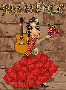 Flamenco. Spanish dancing girl with fan and guitar.  - vector image