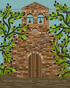 Medieval spanish church in romanesque style and olive  - vector image