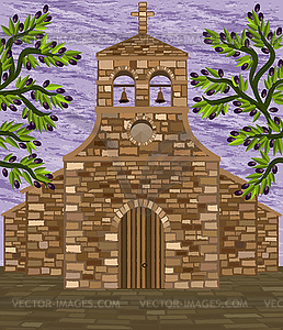 Ancient spanish church in romanesque style and olive tr - vector image