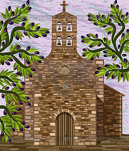 Средневековая испанская церковь в романском стиле и оливковый т - изображение в формате EPS