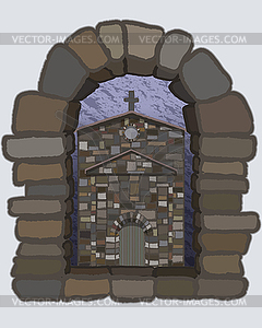 View from the arched stone window of the ancient spanis - vector image